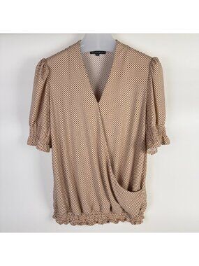 Adrianna Papell Women's Short-Sleeve Faux-Wrap Top Blouse Tan Polka Dot Size M